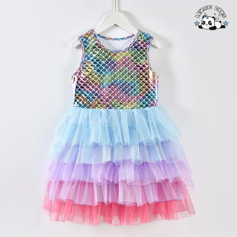 LEZONKIDS - Custom Girls' Casual Mermaid Tutu Dress Layered Floral Print Lace Decor Formal Sweet Summer Outfit for Kids